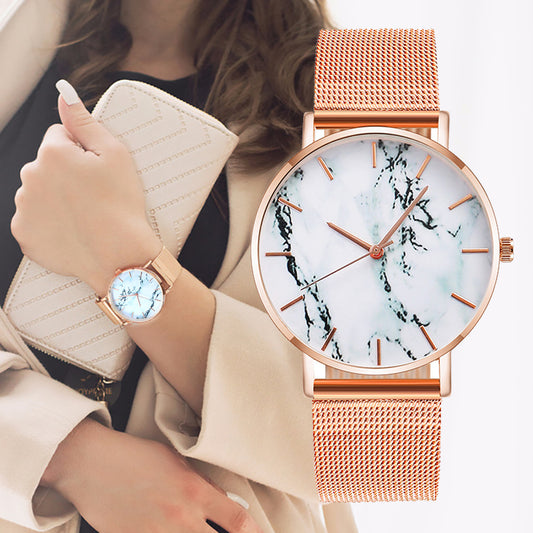 Fashion Rose Gold Mesh Band Creative Marble Female Wristwatch Luxury Women Quartz Watches